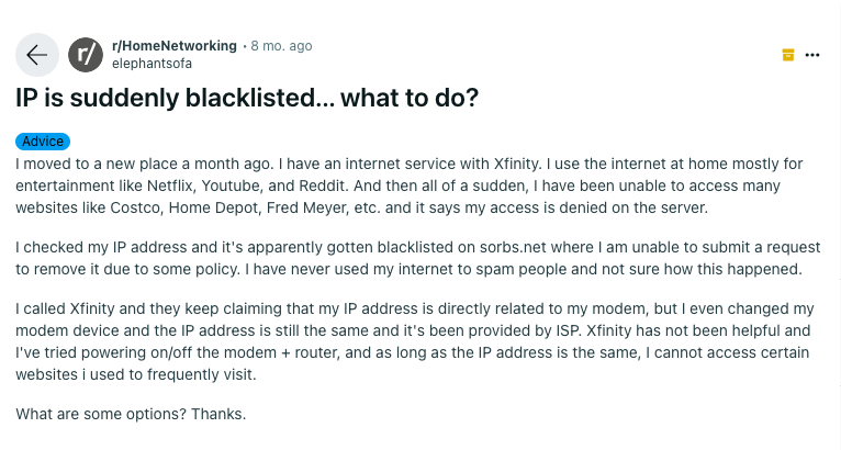 A Reddit user complaining about the blacklisted IP address error