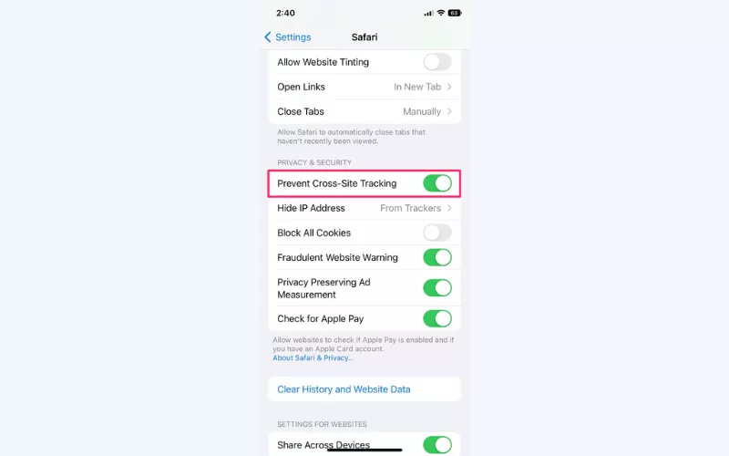 Select "Privacy & Security" > "Prevent Cross-Site Tracking"