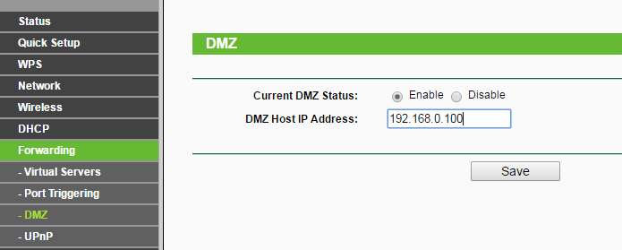 Enabling DMZ mode in router settings