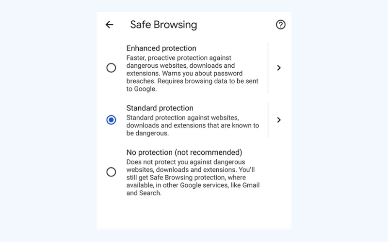 Enable Standard protection in the Safe Browsing settings on Google Chrome