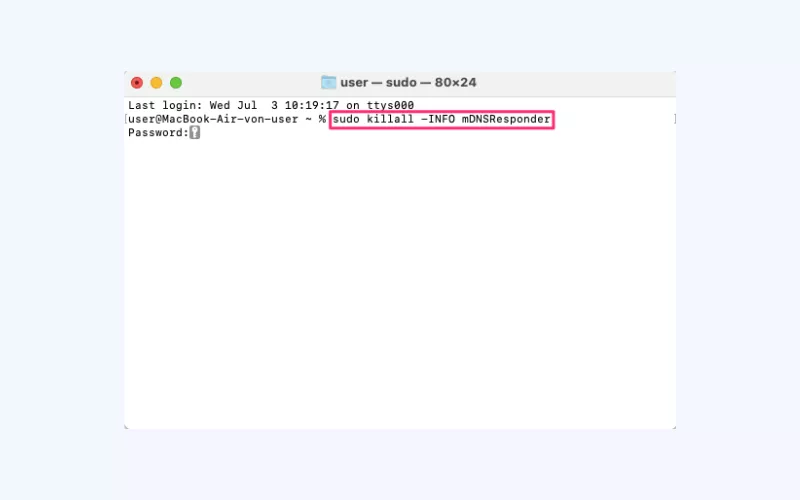 Type the "sudo killall -INFO mDNSResponder" command