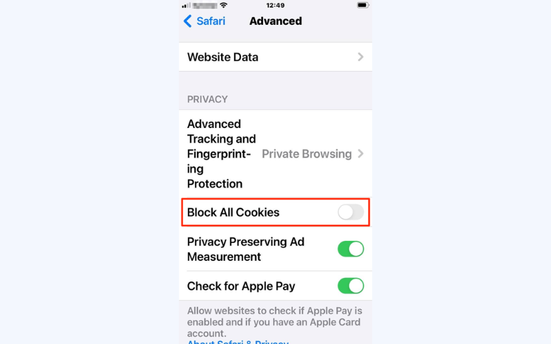 Tap "Block All Cookies" in the Advanced section of the Safari settings