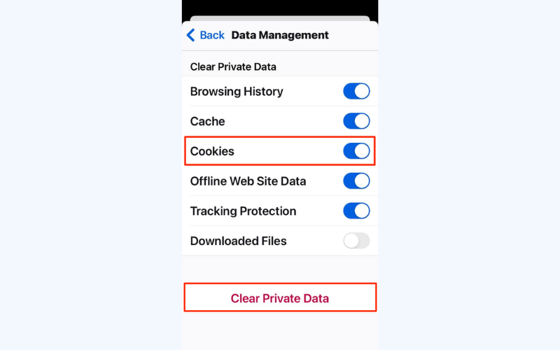 Tap "Clear Private Data" and confirm the action