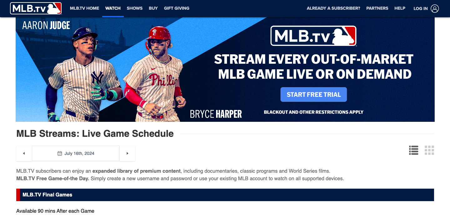 Enter the preferred MLB streaming platform for your region