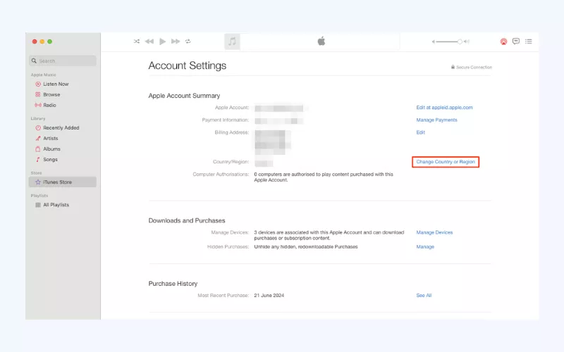 Click "Change Country or Region" to switch your iTunes location