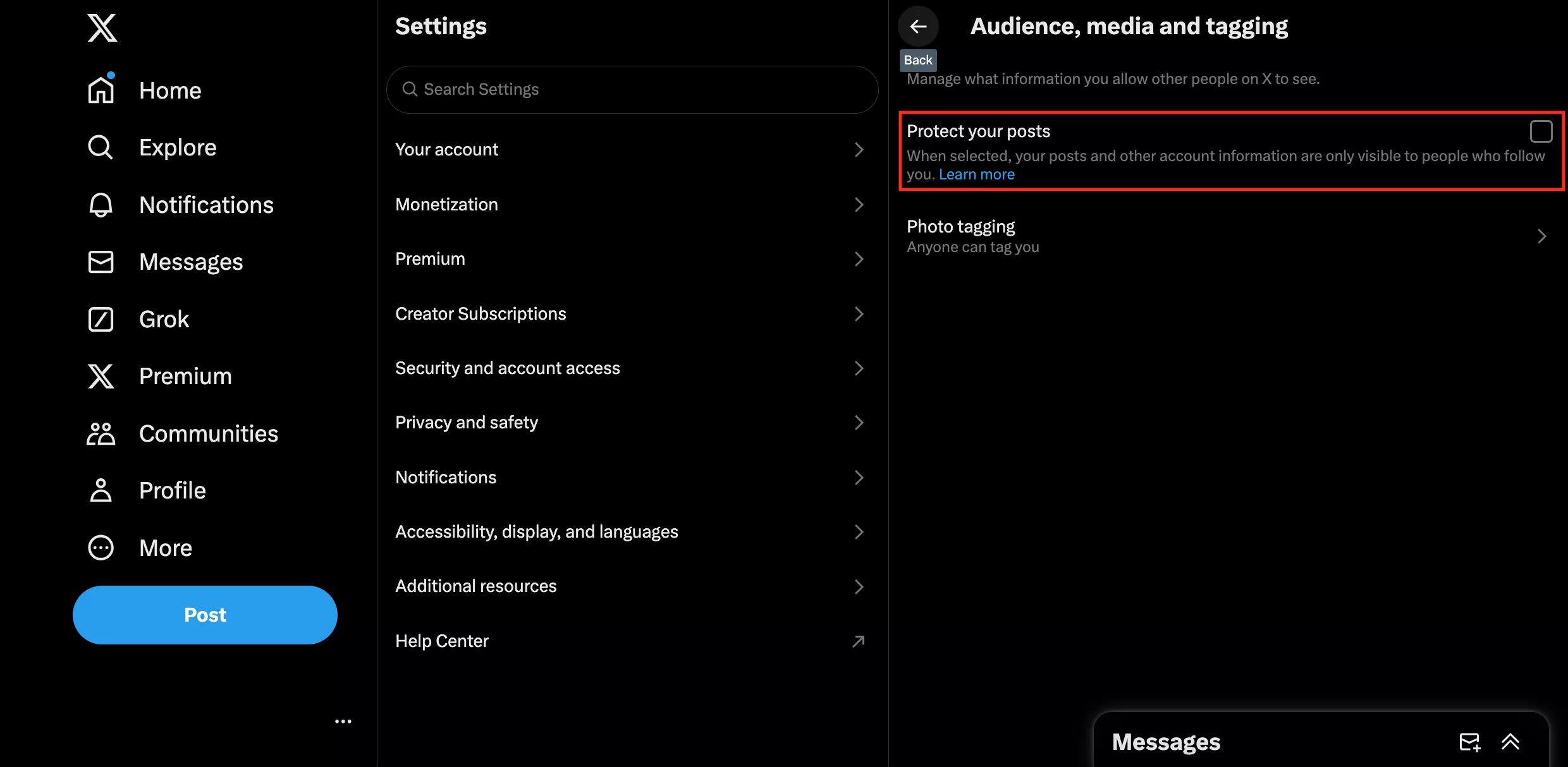 Choose "Audience, media and tagging" > "Protect your posts"