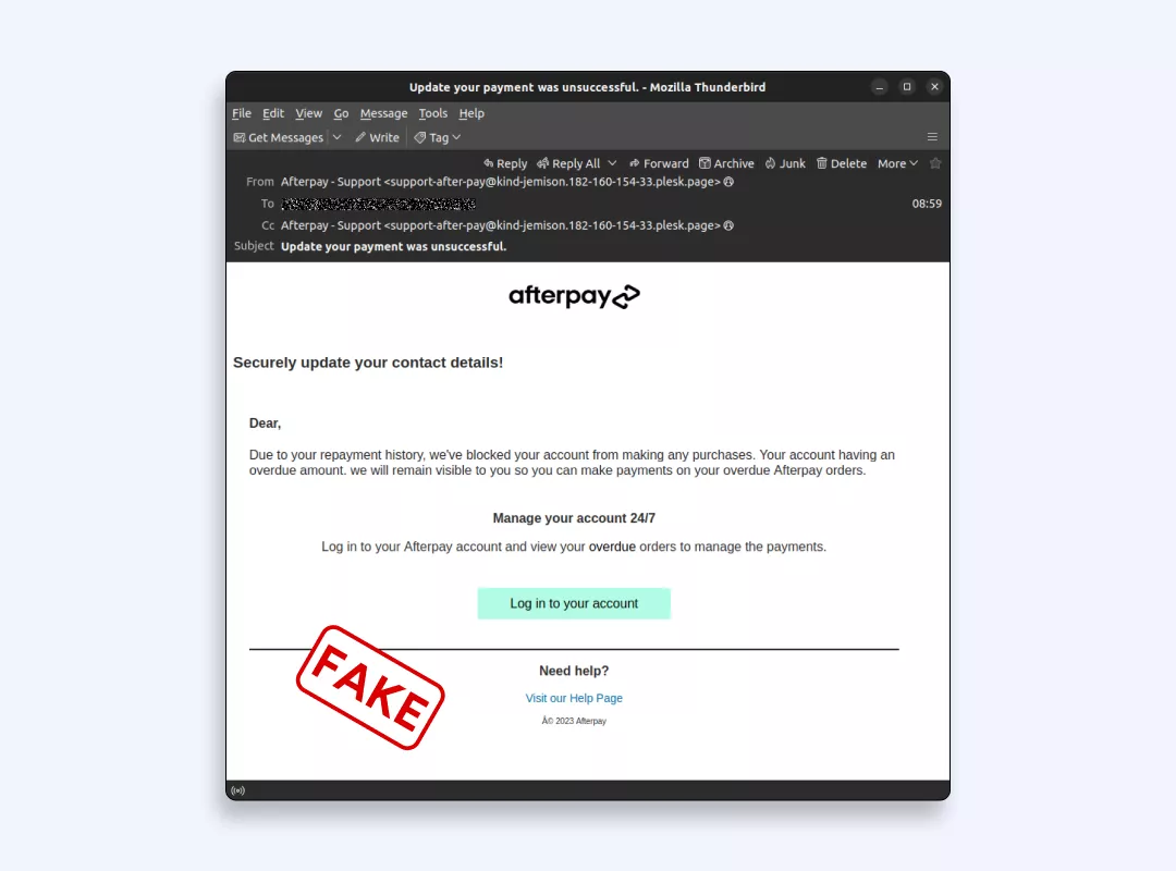 Fake Afterpay email from fraudsters