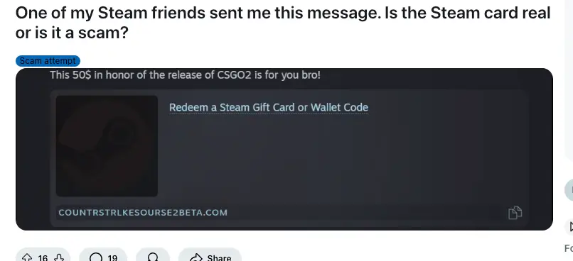 Steam card phishing scam