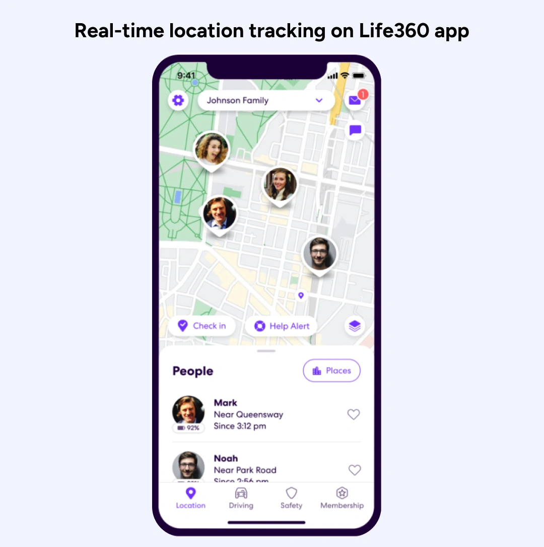 Real-time location tracking on Life360 app