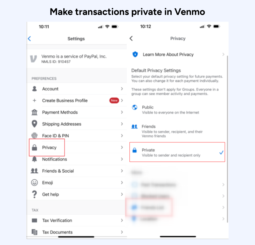 Make transactions private in Venmo