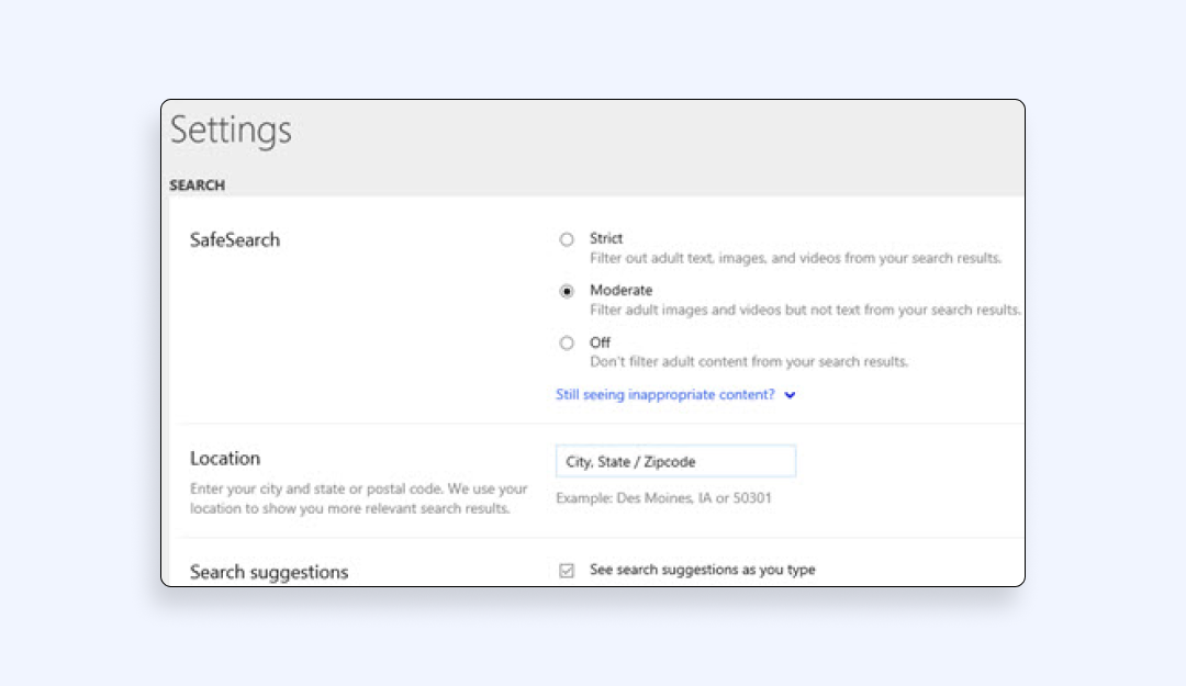 Safe search settings