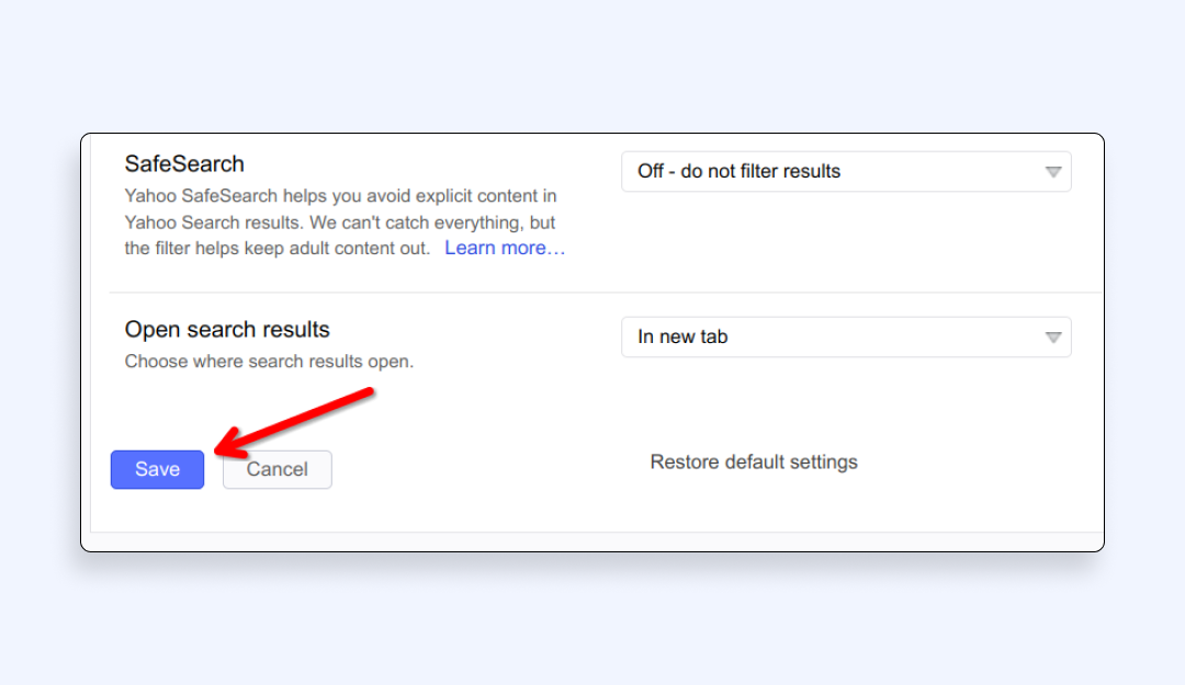 Yahoo safe search switch off