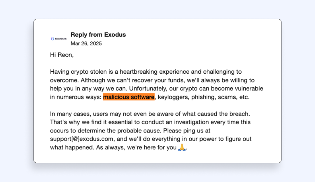 Risk of catching malware (Exodus Wallet)