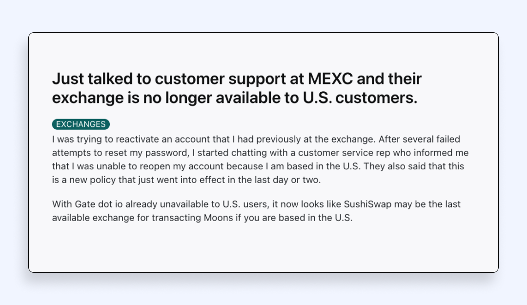 Reddit user comment about blocking MEXC