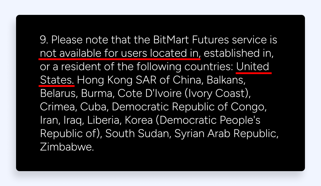 BitMart terms of service restrictions