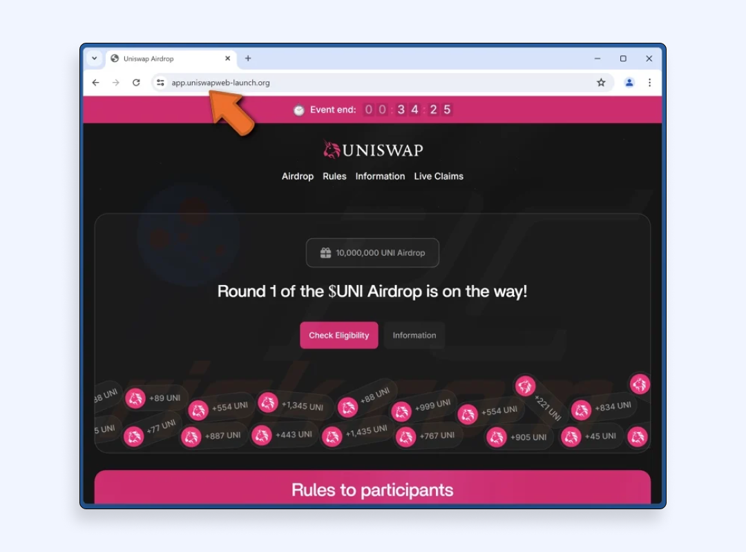 A fraudulent Uniswap airdrop site