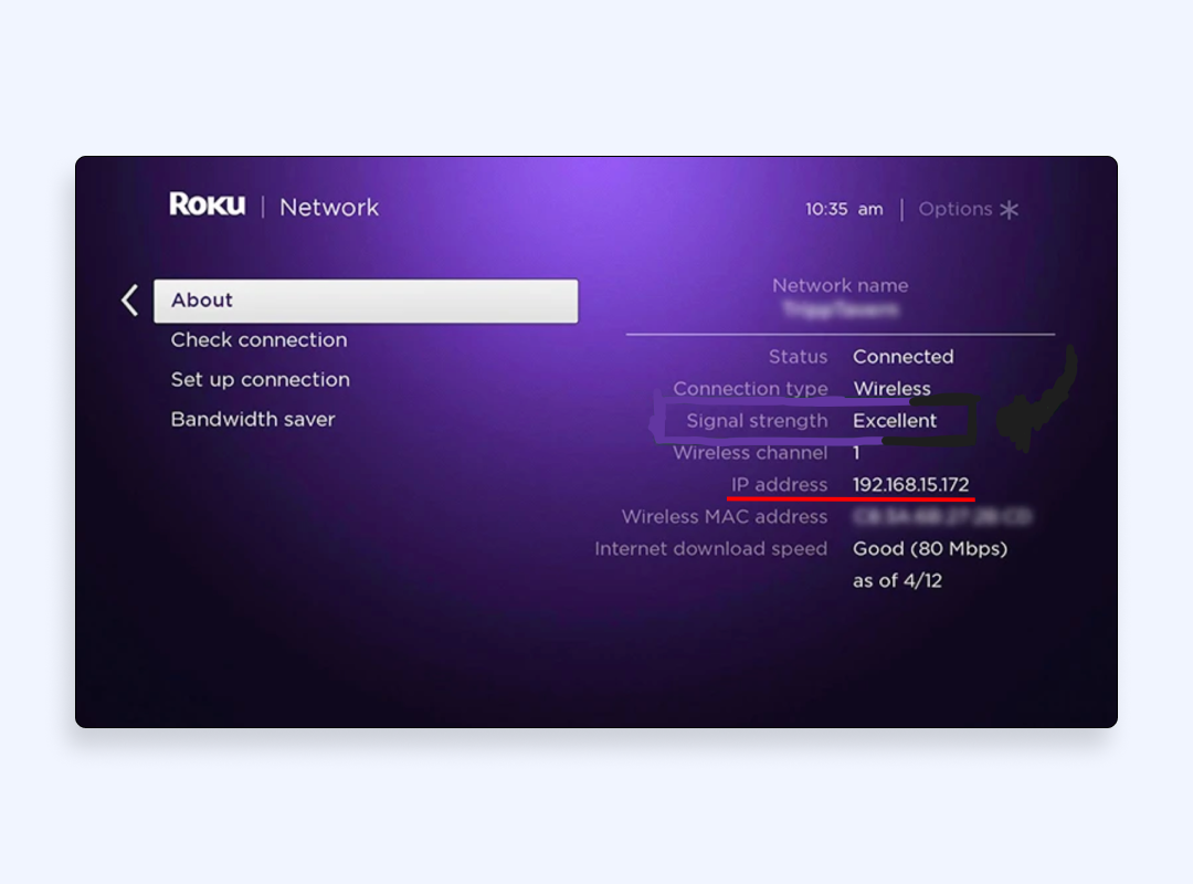 About - IP address on Roku TV