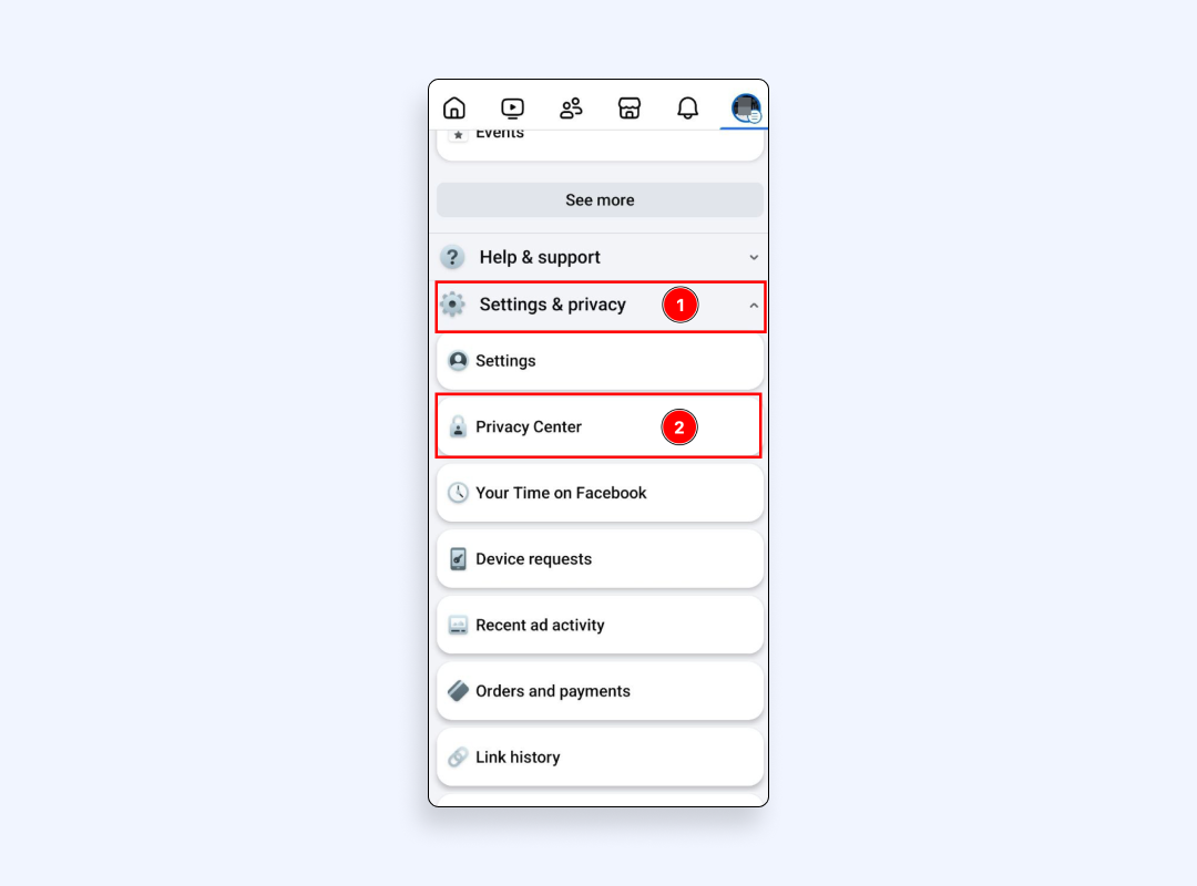 “Settings & privacy” in Facebook mobile app