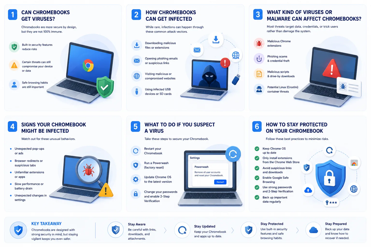 Infographic: can Chromebooks get viruses, how they get infected, warning signs, cleanup, and how to stay protected