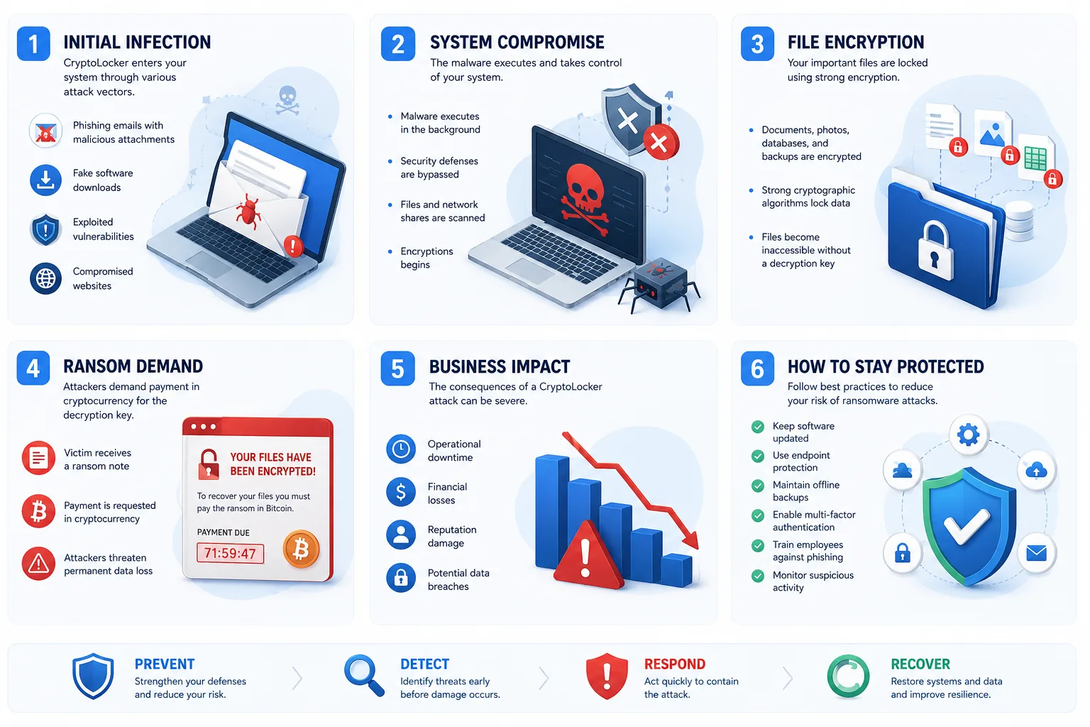 Infographic explaining CryptoLocker ransomware, how it locks files, and what to do