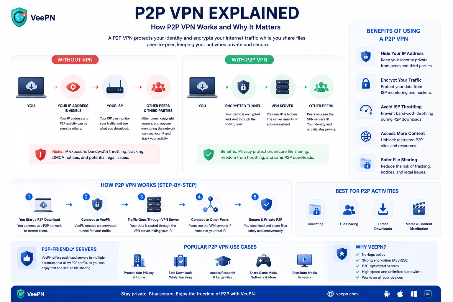 Infographic explaining how a P2P VPN protects file sharing and its limits