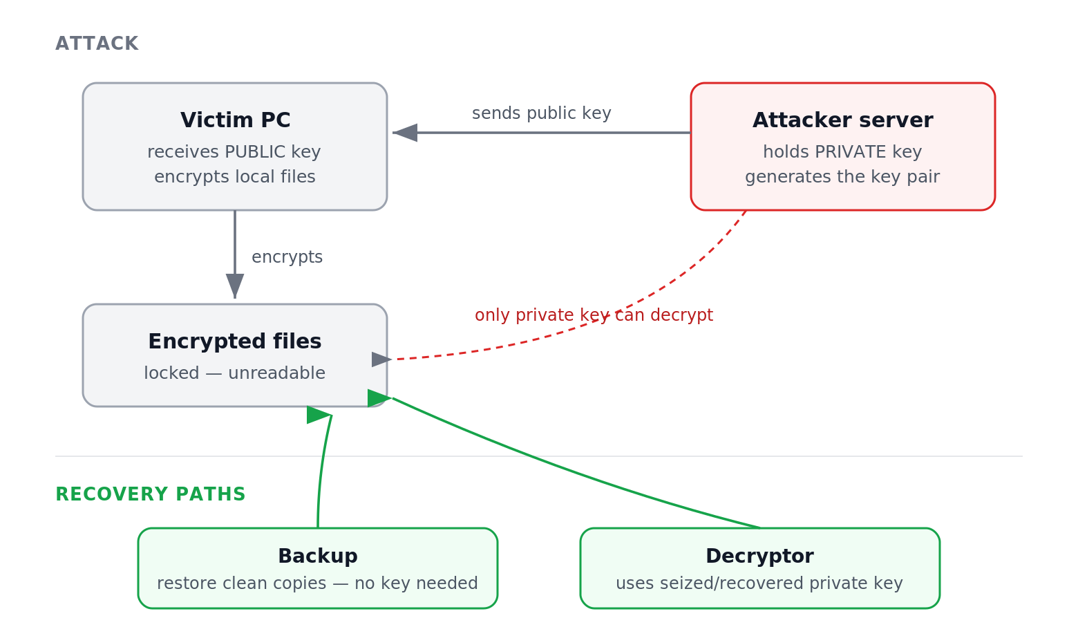 Ransomware public-key encryption flow and backup and decryptor recovery paths