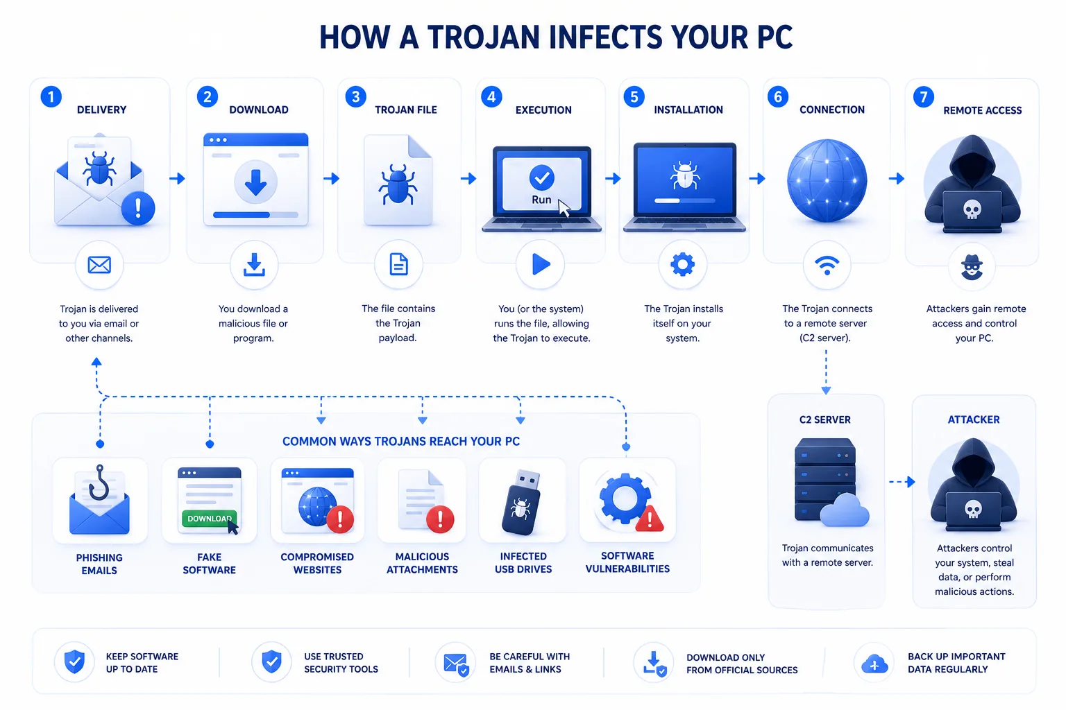 Infographic: how a trojan infects a PC, from delivery and download to installation, connection, and remote access