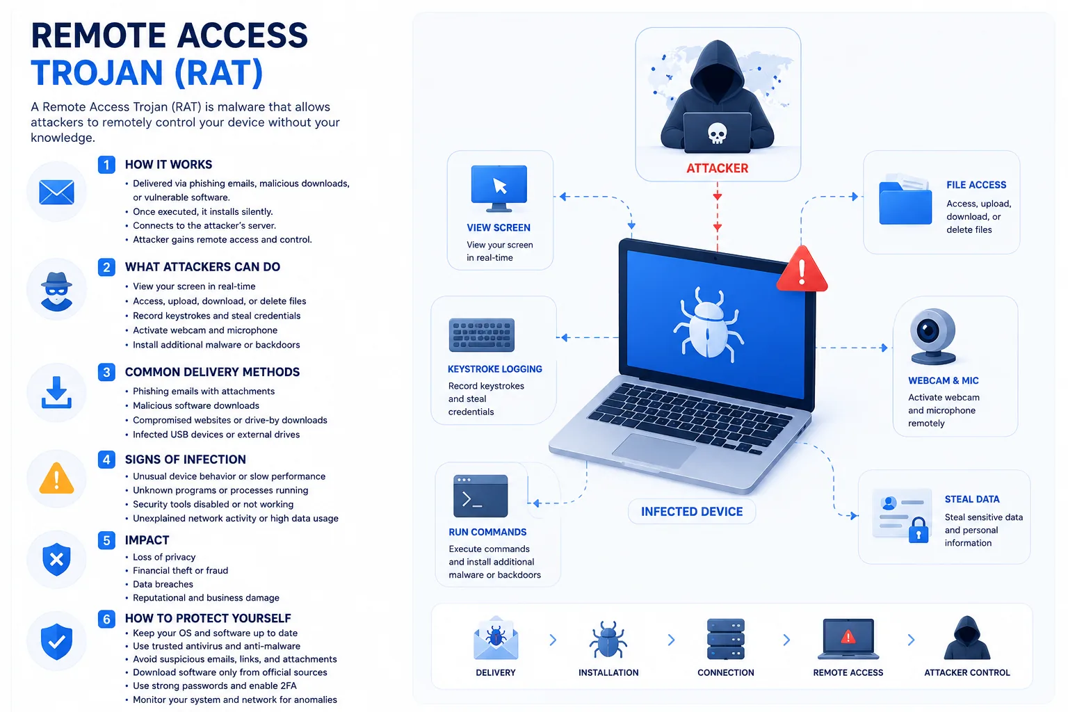 Infographic: how a Remote Access Trojan works, what it can do, signs of infection, and protection steps