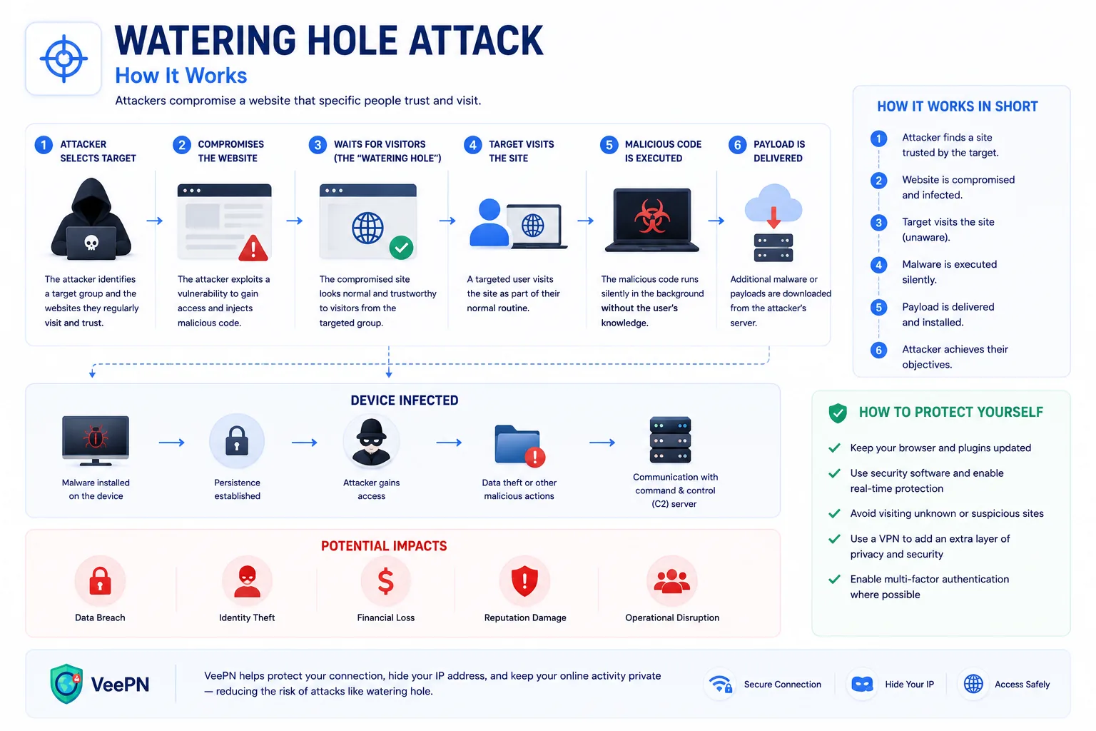 Infographic explaining how a watering hole attack works and how to defend against it