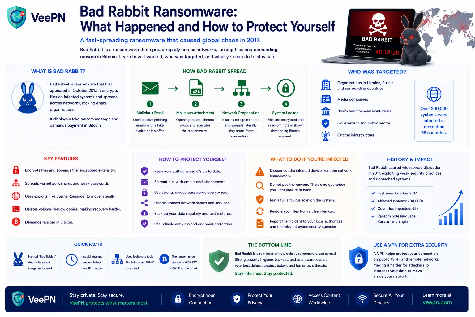 Bad Rabbit ransomware infographic: how the fake Flash update spread, who was targeted, key features, and how to protect yourself