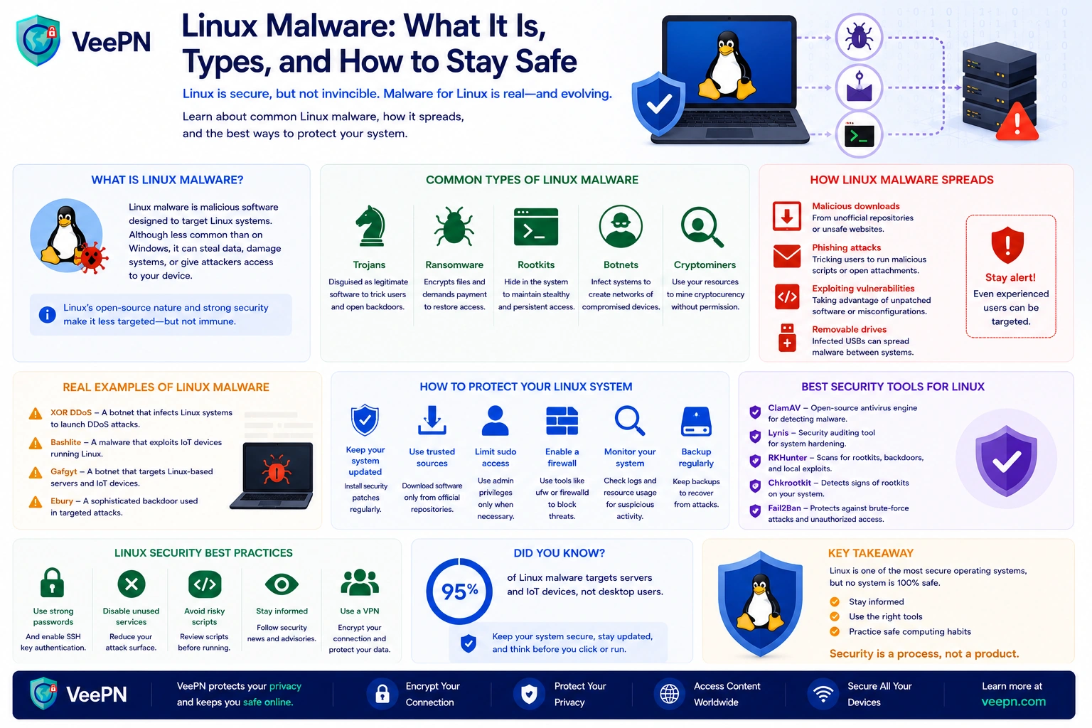Infographic: Linux malware — common threats, warning signs, and smart defenses