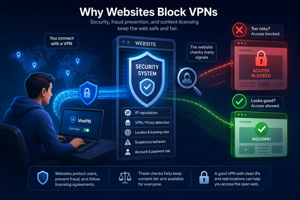 Infographic: how a website checks VPN signals before blocking or allowing access